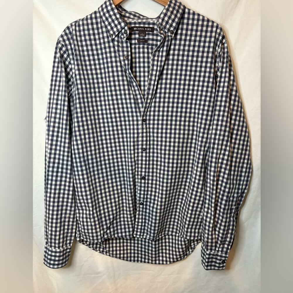 Michael Kors Men's Blue Checkered Shirt Slim Fit Size Large
